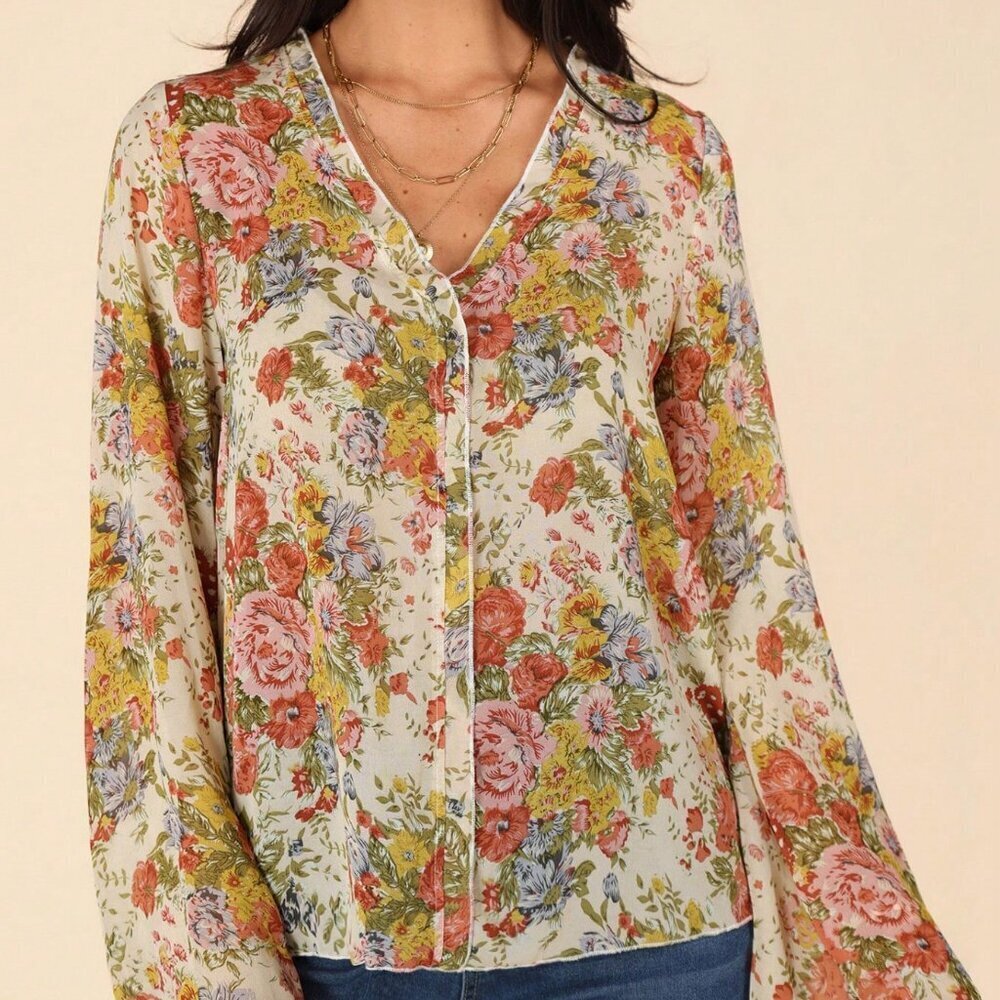 Apricot Boho Women's Floral Print Trumpet Sleeve Blouse - Picture 6 of 6